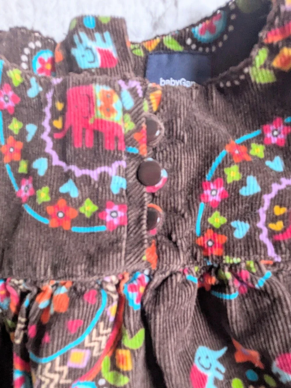 Vintage BABY GAP  Floral/ Elephant Medallions Brown Corduroy Dress 12-18 Months